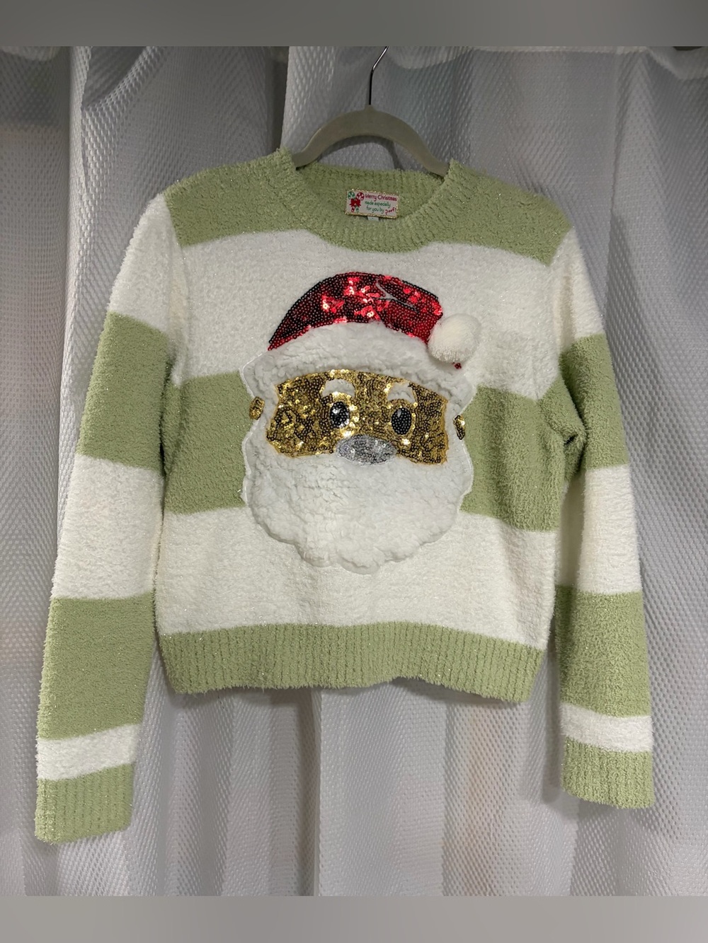 Holiday Sequin Santa Stripe Sweater - Green & White